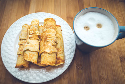 High angle view of breakfast served on table