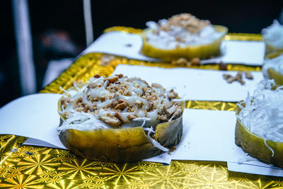 Close-up of dessert in plate on table