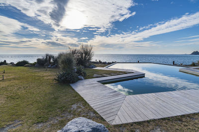 Scenic view of swimming pool by sea against sky