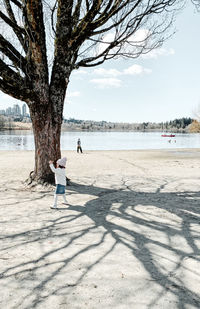 A kid in shadow of a tree at beach