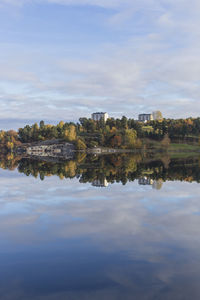 Reflection of trees in water against sky