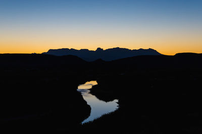 Scenic view of silhouette mountains against clear sky