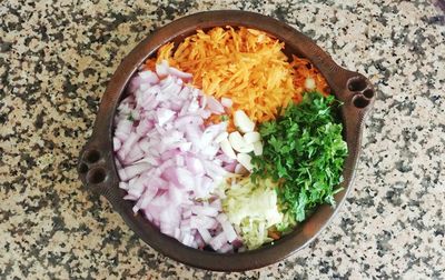 High angle view of food in bowl