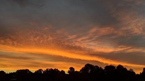 Low angle view of silhouette trees against dramatic sky