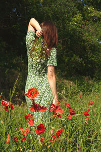 Woman standing by red flowering plants on field back view