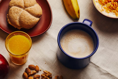 High angle view of breakfast on table