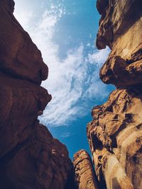 Low angle view of rock formations against sky
