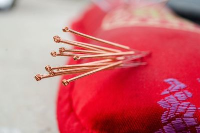 High angle view of red umbrella on table