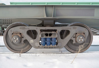 Railway bogie on the rails. close-up.