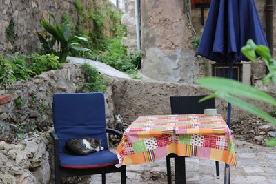 Chairs and table against wall in yard