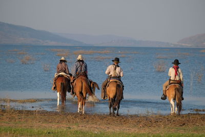 View of people riding horses on beach