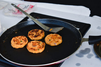 High angle view of meat in cooking pan