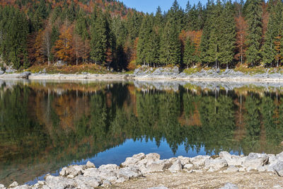 Upper lake of fusine, tarvisio. autumnal fire reflections. at the foot of the mangart