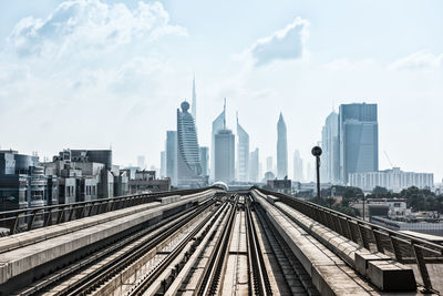 Railroad tracks amidst buildings in city against sky