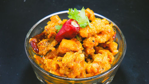 High angle view of food in bowl on table