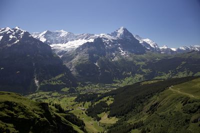 Scenic view of snowcapped mountains against clear sky