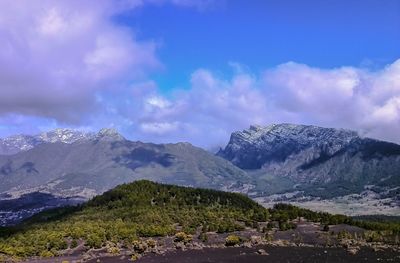 Scenic view of snowcapped mountains against sky