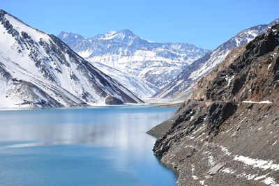 Scenic view of snowcapped mountains against clear blue sky