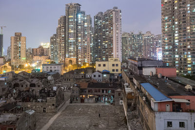 Illuminated buildings in city