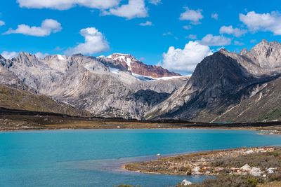 Scenic view of lake and mountains against sky