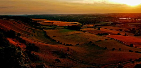 High angle view of landscape during sunset