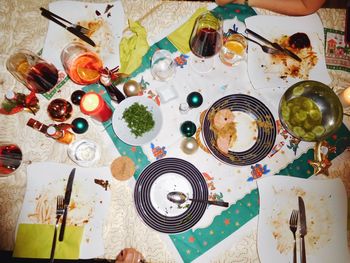 High angle view of various food on table