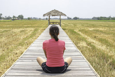 Rear view of woman sitting on wood