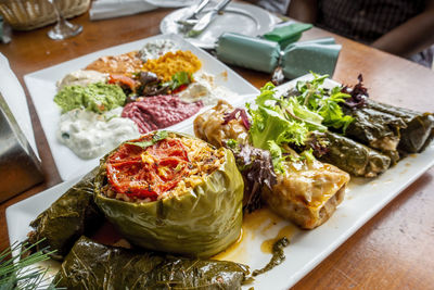 High angle view of middle eastern food served on table