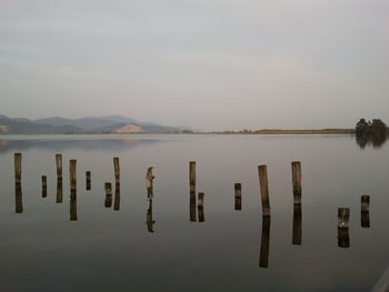 Wooden posts in lake against sky