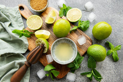 Lime, mint and ice on a dark background. the ingredients for making refreshing drinks and cocktails.