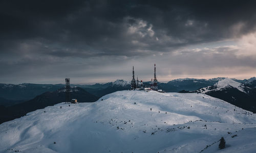 Scenic view of snow covered mountains against sky