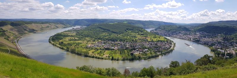High angle view of rhine river at gedeonseck amidst trees against sky