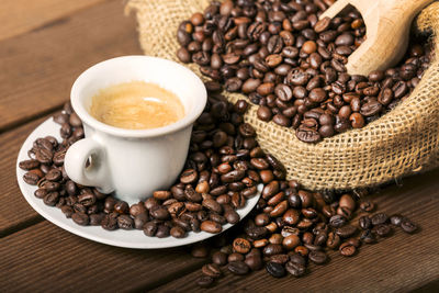 High angle view of coffee cup on table