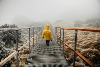 Cinematic scene of a person walking down the stairs in the mountains