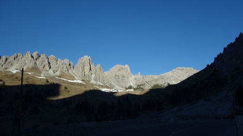 Scenic view of mountains against clear blue sky