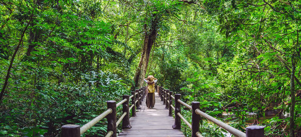 Rear view of woman walking on footbridge