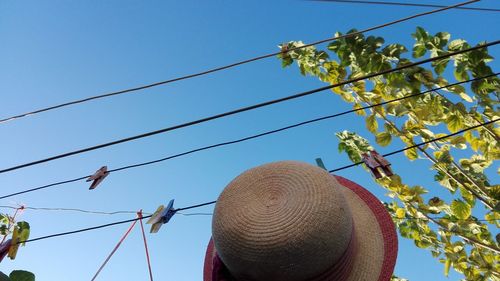 Low angle view of cables against clear blue sky