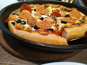 High angle view of pizza on table