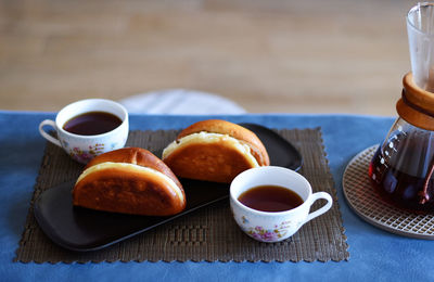 High angle view of breakfast on table