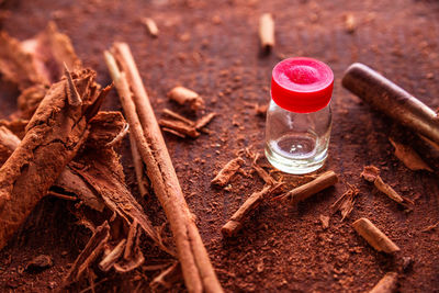 Close-up of red wine in container