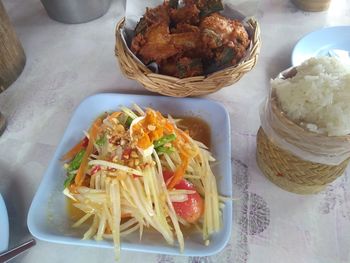 High angle view of food served on table