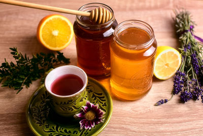 High angle view of tea served on table