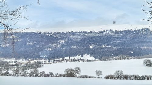 Scenic view of snow covered landscape against sky