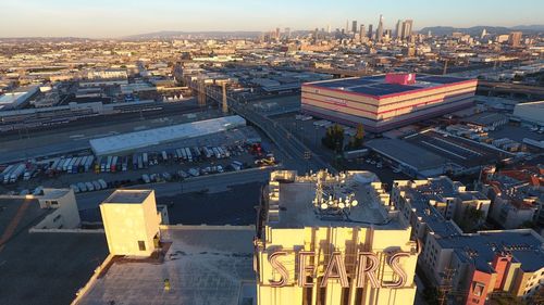 High angle view of buildings in city