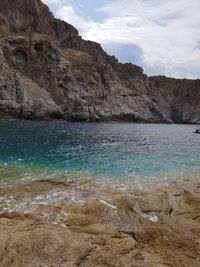 Rock formations on shore against sky