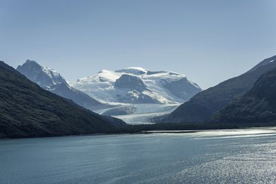 Scenic view of snowcapped mountains against clear sky