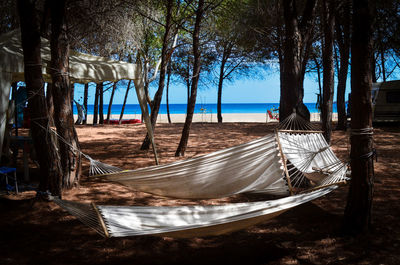 Hammocks hanging at beach against sky