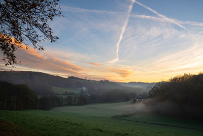 Panoramic image of scenic view on a foggy morning, bergisches land, odenthal, germany