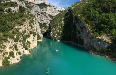 Scenic view of verdon gorge by mountains