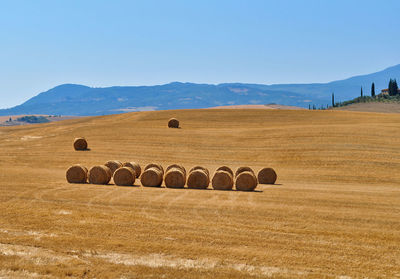 Hay bales on field against clear sky